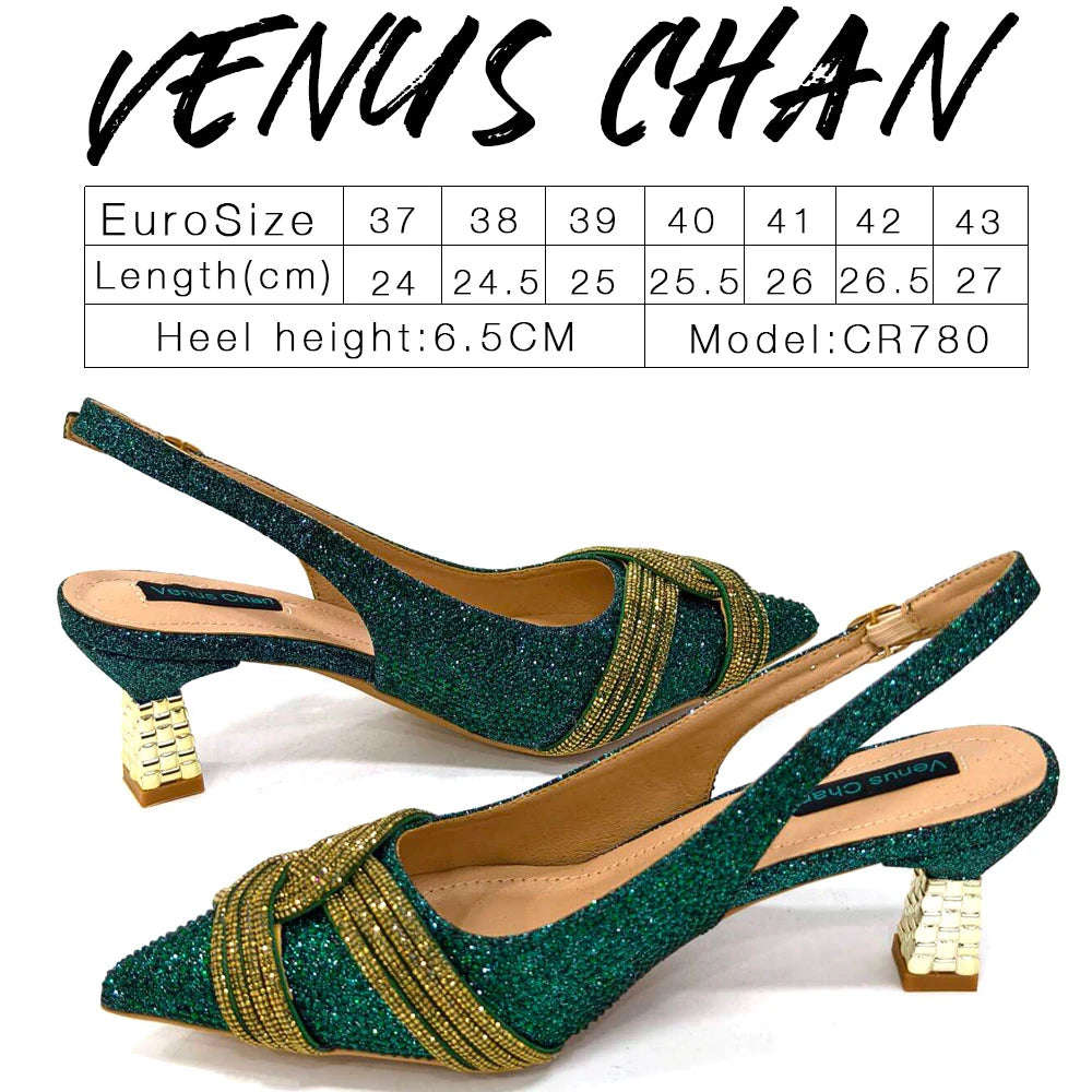 Venus Chan-Nigerian Heel Party for Women Shoes and Bag Set Champagne Colour Rhinestone Handbag Italian Design Wedding INS 2024