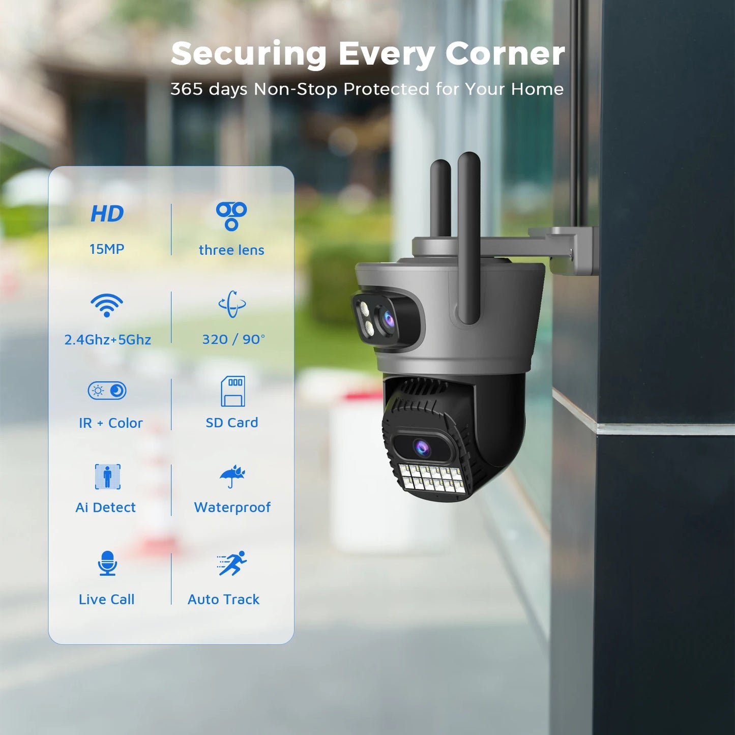 15MP 8K Three Lens Three Screens PTZ Wifi Camera Outdoor HD 5G Wifi Security Camera Ai Human Detection Home Surveillance Camera