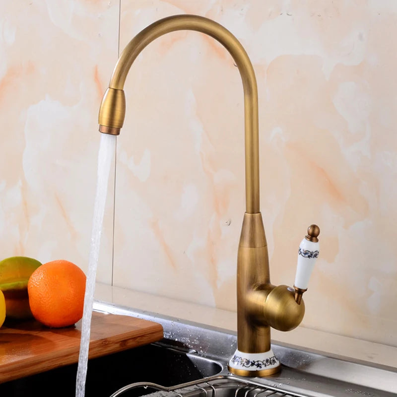 Antique Brass Ceramic Handle Basin Faucet Antique Rotatble Bathroom Faucet  Kitchen Faucet  Hot Cold Mixer Crane Kitchen Faucet