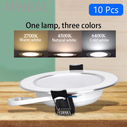 10PCS LED Downlight Recessed Ceiling Lamp 5W 9W 12W 15W Three-color dimmable/Cold white/Warm white led Spotlight AC 220V