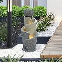 Resin Cascading Spiral Outdoor Patio Garden Fountain with Lights Waterfalls Backyard Deck Home Lawn Porch House Outdoor