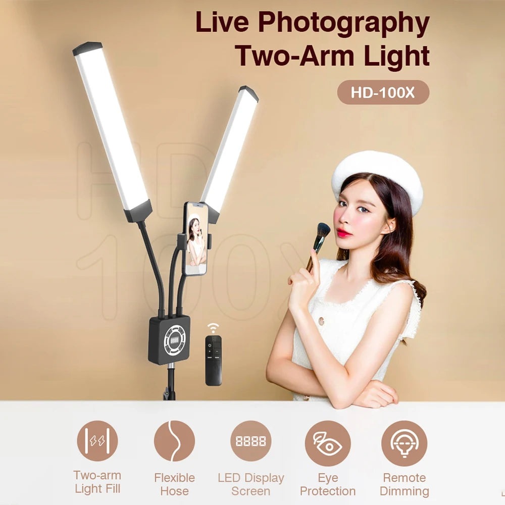 Flexible 4-Arms/Dual-arm LED Video Light Photography Fill Light 3200K-5600K with Metal Light Stand for Makeup Live Streaming