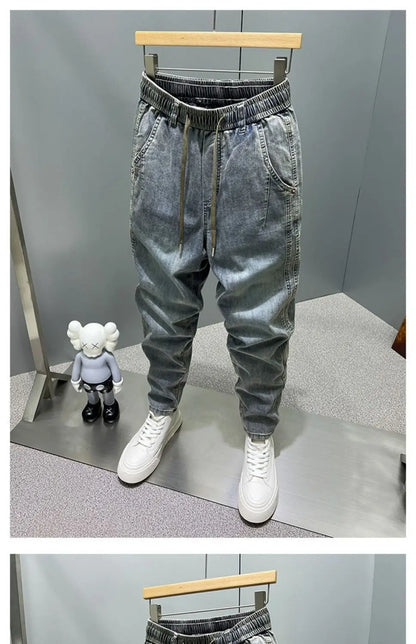 Casual Vintage Men's Fashion Drawstring Jeans with Thickened Fleece and Loose Harem Pants for Autumn and Winter Cargo Trousers