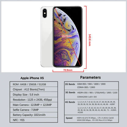 Original  Apple iPhone XS/XS Max 4G LTE Mobile Phone 5.8" 4GB RAM 64GB/256GB ROM 12MP+7MP CellPhone Hexa-Core XS Smartphone