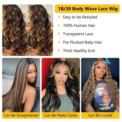 1B/30 Body Wave Highlight Wig Human Hair 30 Inch 13x4 HD Lace Frontal Wig 200 Density Natural Brazilian Hair Wig For Black Women