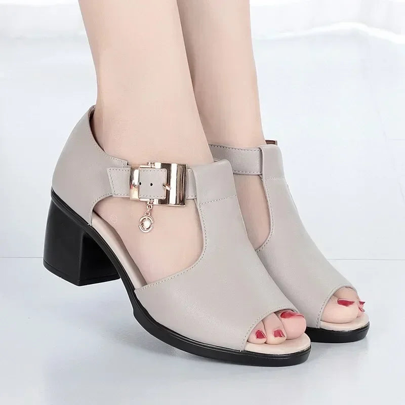 2024 Summer New Fashion Women Sandals Fish Mouth Shoes for Women Chunky Heel Metal Decorative Buckle Casual Sandals Female