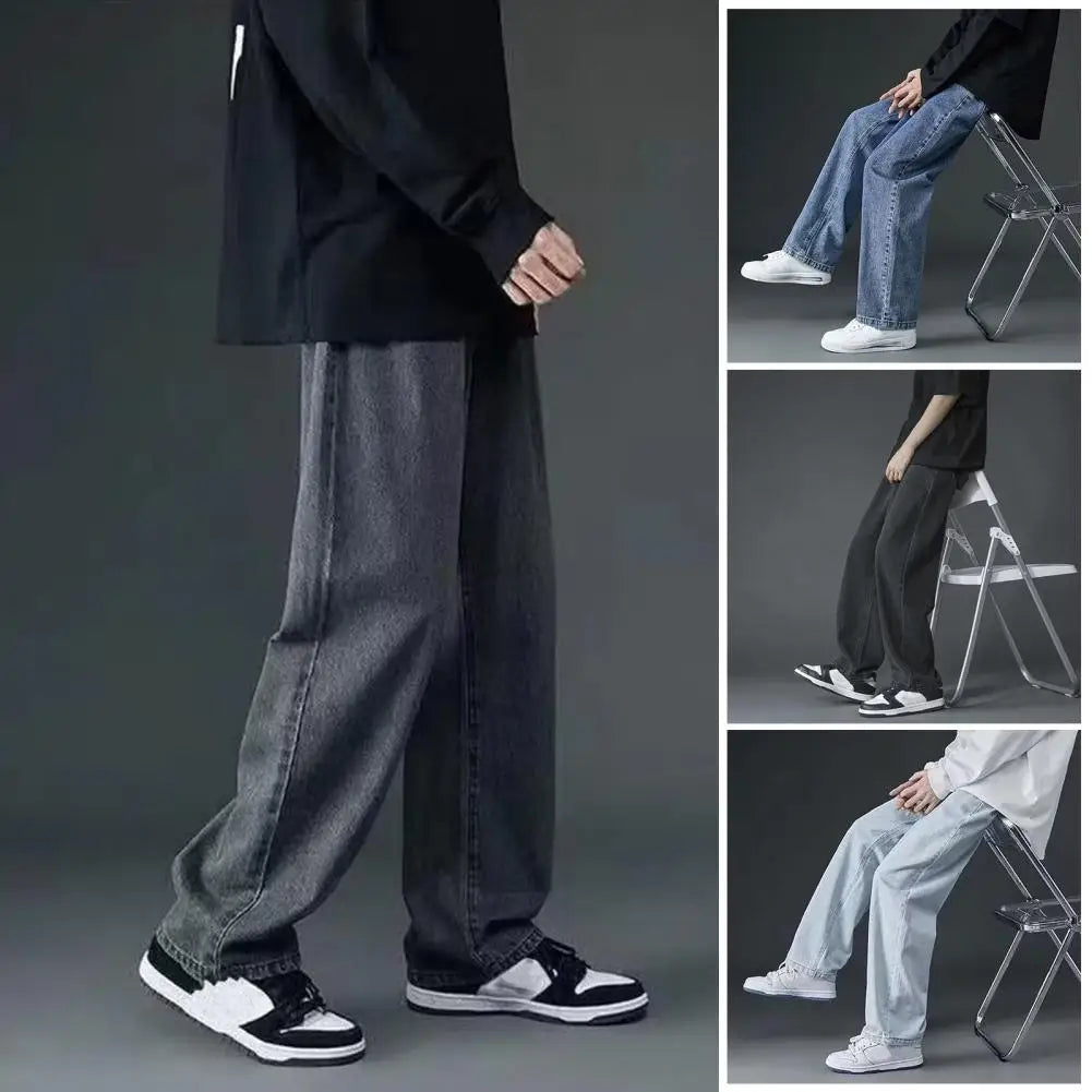 Retro Men Jeans Wide Leg Pants Baggy Fashion Loose Straight Long Pants Washed Denim Blend Wide Leg Jeans