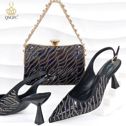 QSGFC Nigerian Style Women Heels Party Shoes and Bags Fashion Stiletto Pointed Toe Shoes and Shiny Clutches