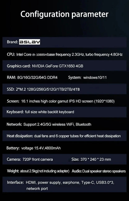 Intel Core i9-10885H 16.1 inch Gaming Laptop  GTX1650 4G Win 11 64GB DDR4 4TB SSD 8 Cores 12 Threads 4.8GHz designer Notebook