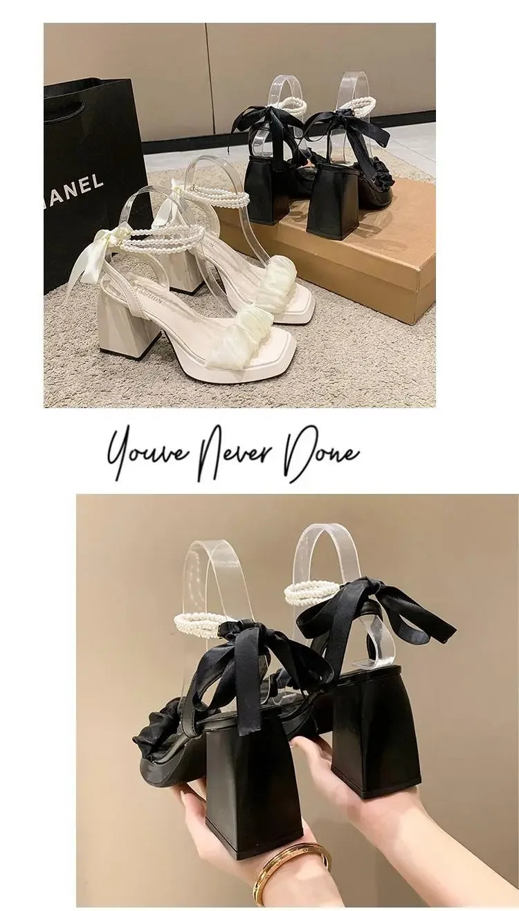 Shoes for Women Pearl Sandals Suit Female Beige Increasing Height Block Heels All-Match Black Bow 2024 Fashion Chunky Sandals