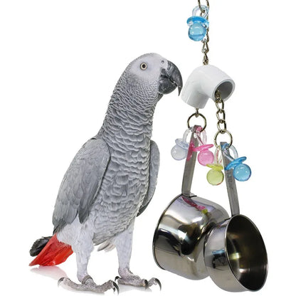 Pet Bird Parrot Toys 4 Stainless Steel Pots String Bird Chewing Bite Toys Acrylic Cage Accessories Pets Birds Supplies