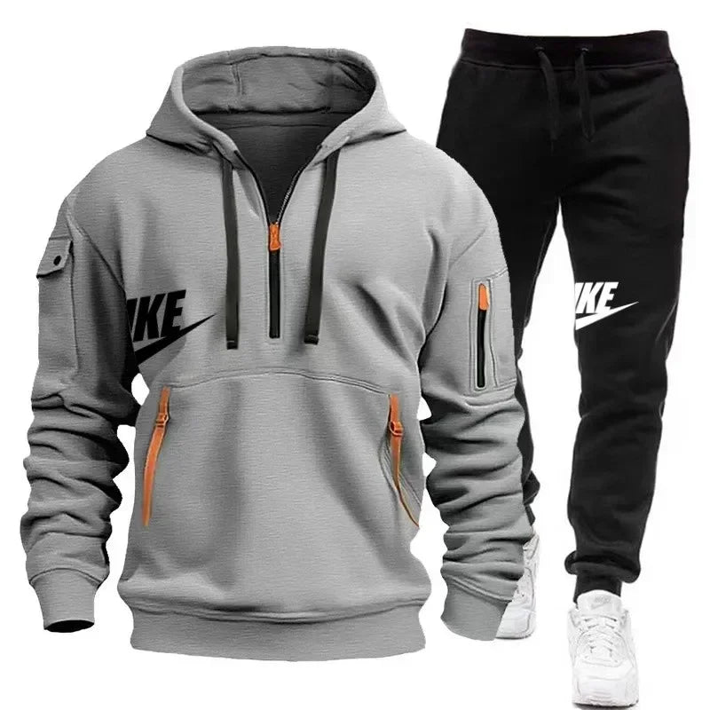 Spring and autumn new men's zipper hoodie + pants two-piece set, outdoor jogging multi-pocket men's casual pullover sports suit