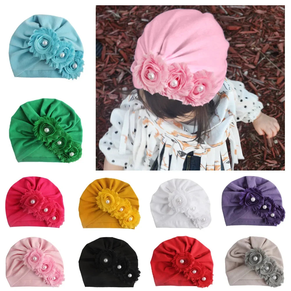 Cute Infant Newborn Caps with Pearl Chiffon Flowers Cotton Blend Kont Turban Girls Stretchy Beanie Hat Baby Hair Accessories