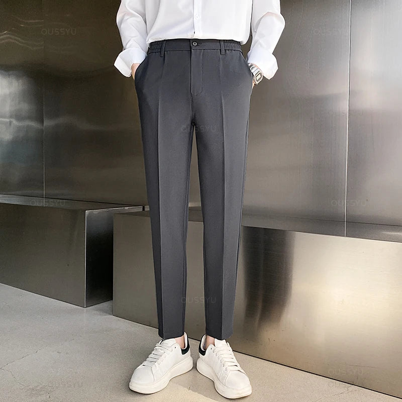 Spring Summer Suit Pants Men Stretch Business Elastic Waist Slim Ankle Length Pant Korean Trousers Male Large Size 40 42