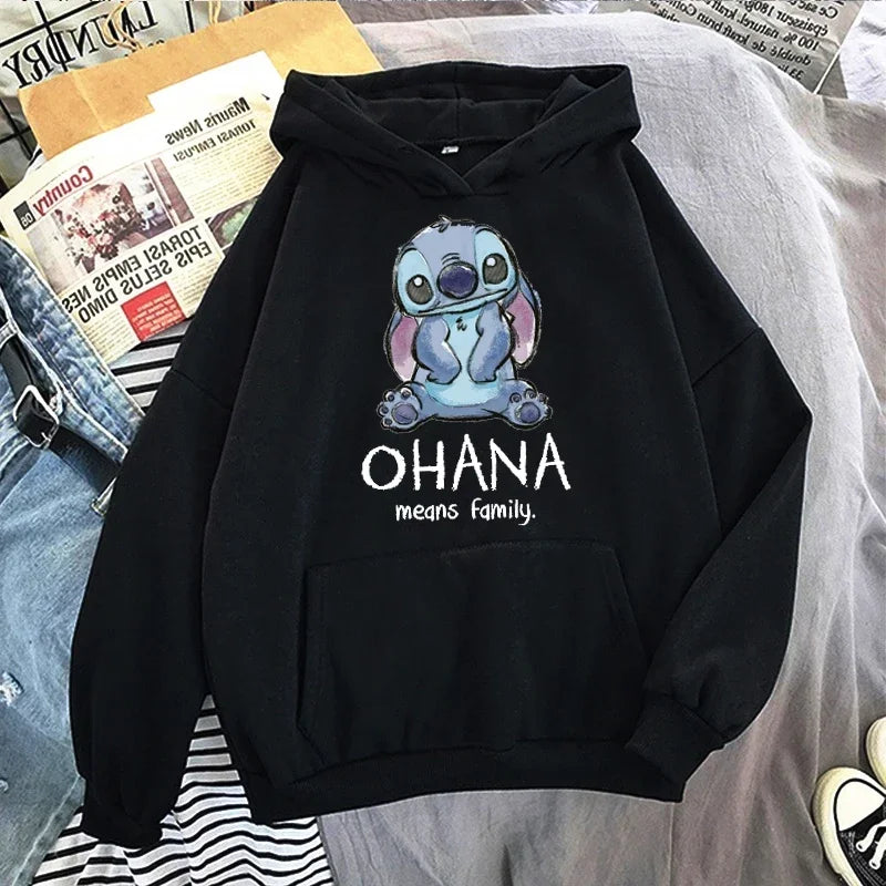 Disney Stitch Hoodies Women Harajuku Pullovers Cute Kawaii Casual Tops O-Neck Angel Print Hooded Sweatshirt Oversized Hoodie