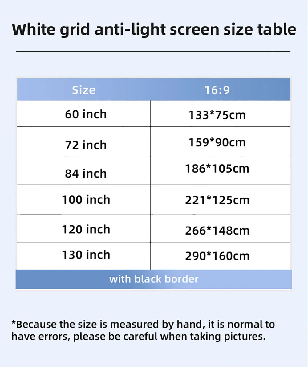 VEIDADZ Projector Screen White Grid Anti-Light 160°Viewing Angle 60 84 100 120 130inch Black Border Metal Hook Reflective Screen