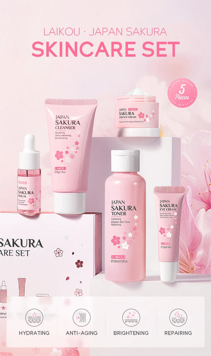 LAIKOU Japan Sakura Skin Care Set Serum Rejuvenating Cream Glowing Moisturizer Fade Blemishes 5pcs