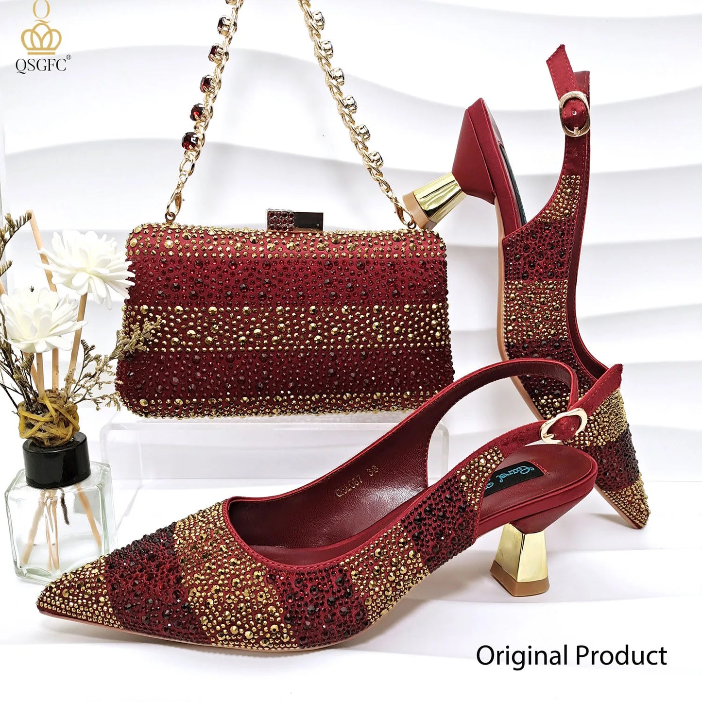 QSGFC INS 2024 Gold Color Elegant Women Heels Shoes and Bag Set Hollow Rhinestones  High Heels Wedges Shoes Matching Bag