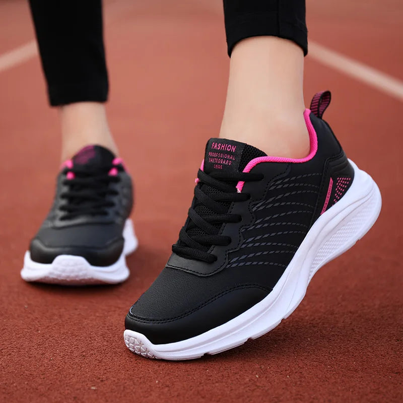 Waterproof Leather Chunky Sneakers for Women, Running Shoes, Casual Sports Shoes, Black Trainers, Autumn, Spring