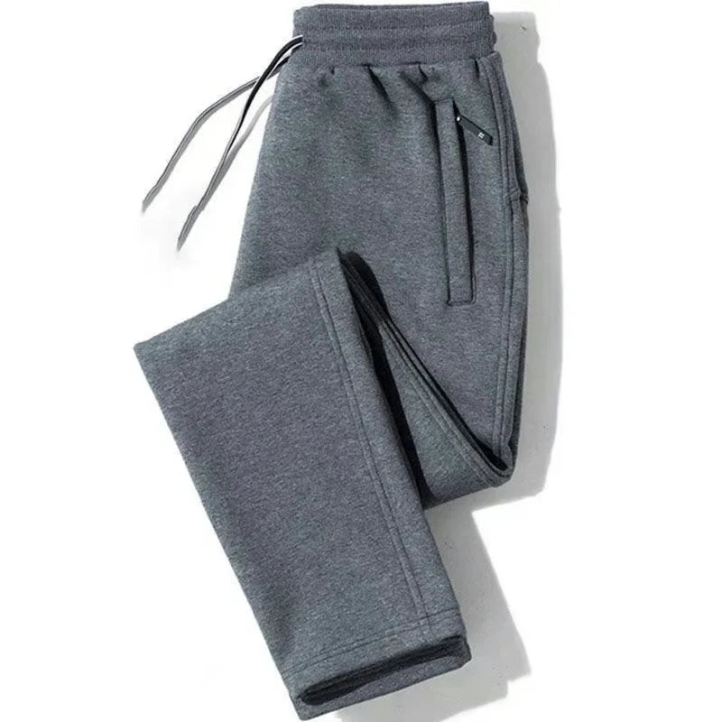 Fleece-Lined Men's Sweatpants Winter Loose-Fit Plus Size Thickened Casual Pants Zip-Up Straight-Leg Trousers Spring Autumn