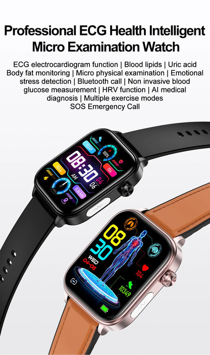 AI Medical Grade Health Smart Watch Women ECG+PPG+HRV Micro Examination Blood Sugar Fat Uric Acid Heart Rate BT Call Smartwatch