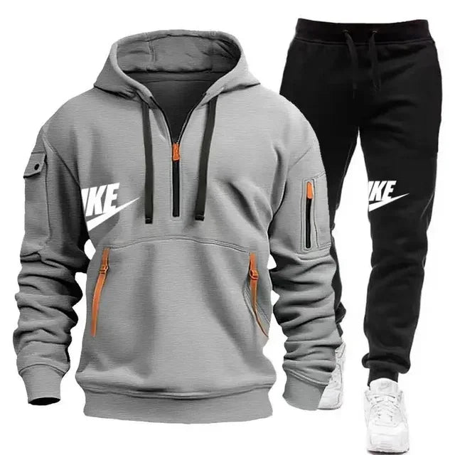 Spring and autumn new men's zipper hoodie + pants two-piece set, outdoor jogging multi-pocket men's casual pullover sports suit