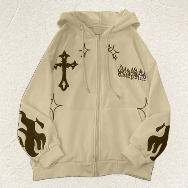 Europe and the United States Autumn and Winter Hoodie Embroidered Cross Fire Jacket Plus Cashmere Lovers Loose Sweater