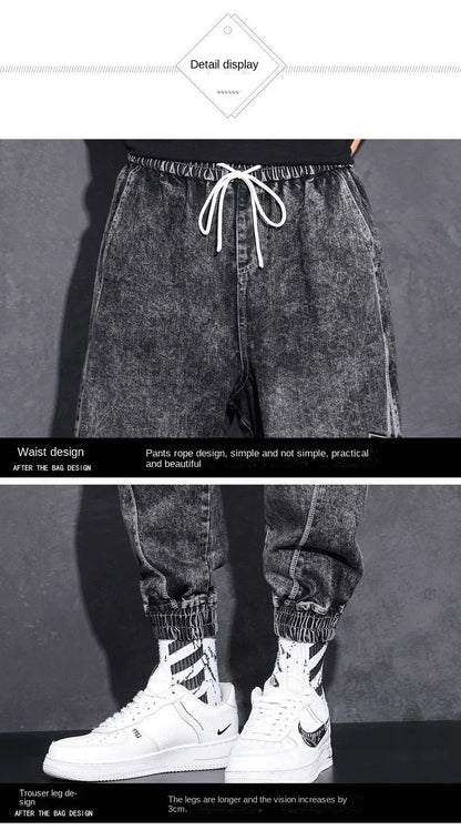 Loose Elastic Waist Denim Jeans for Men 2024 Fashion Casual Spring Workwear Foot-Tied Pants with Brand Workwear Baggy Trousers