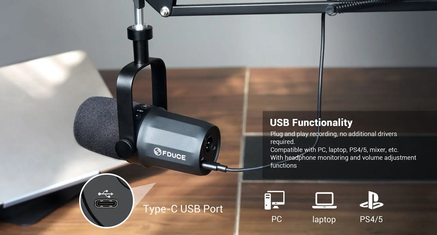 FDUCE SL40+ USB/XLR Dynamic Microphone Kit With Built-in Headset Output / Sound Insulation/Arm Stand,For PC PS5/4 Mixer