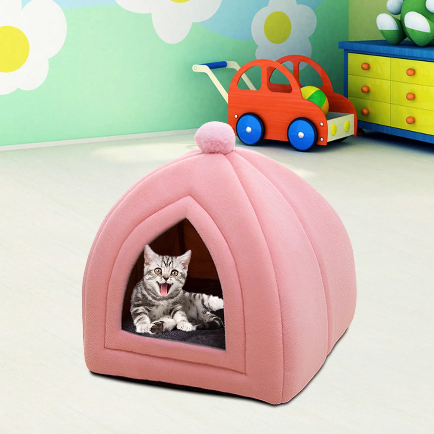 Cute Pet Cat Bed Semi Closed Dog House Sofa Nest Velvet Washable Puppy Kennel Warm Comfortable Tent for Indoor Outdoor