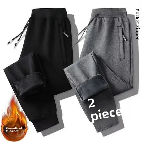 Fleece-Lined Men's Sweatpants Winter Loose-Fit Plus Size Thickened Casual Pants Zip-Up Straight-Leg Trousers Spring Autumn