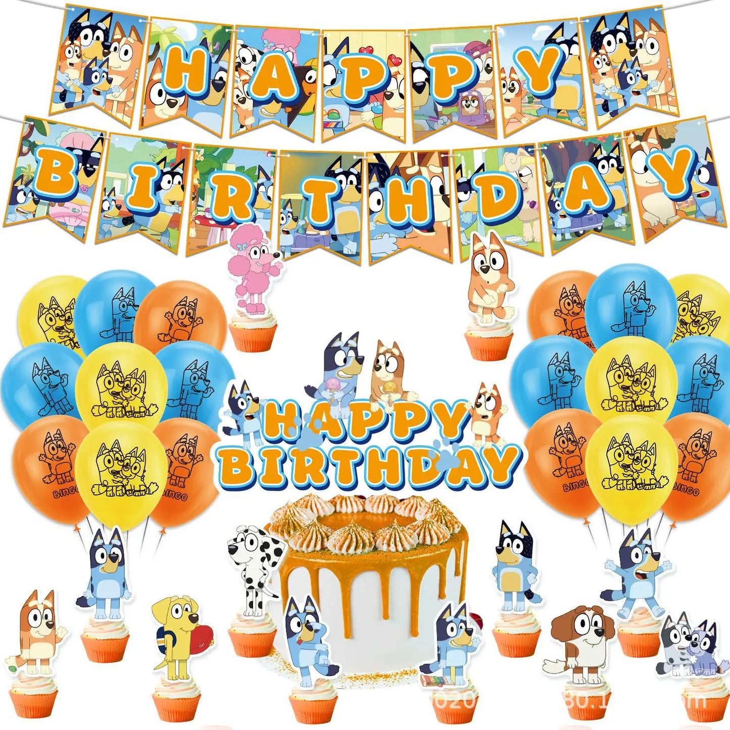 Cute Bluey family Dog Birthday Party cutlery plate Disposable Banner Cake Topper Hanging Flag Balloons Set Birthday Decorations