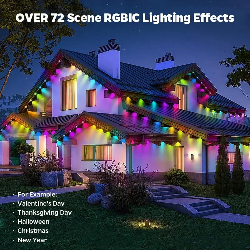 Permanent Outdoor Lights Smart RGBIC Eaves LED Lights Festival Flashing Lighting Fairy String for Christmas Holiday Decorations