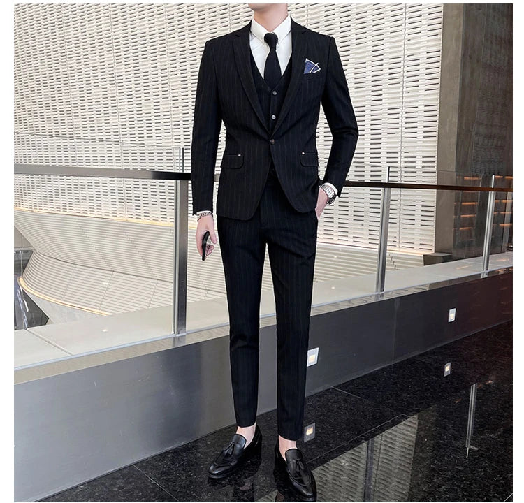 2024 Groom Wedding High-grade Suit (suit + Vest + Trousers) Winter Stripes Business Fashion Handsome Casual Suit Three-piece Set