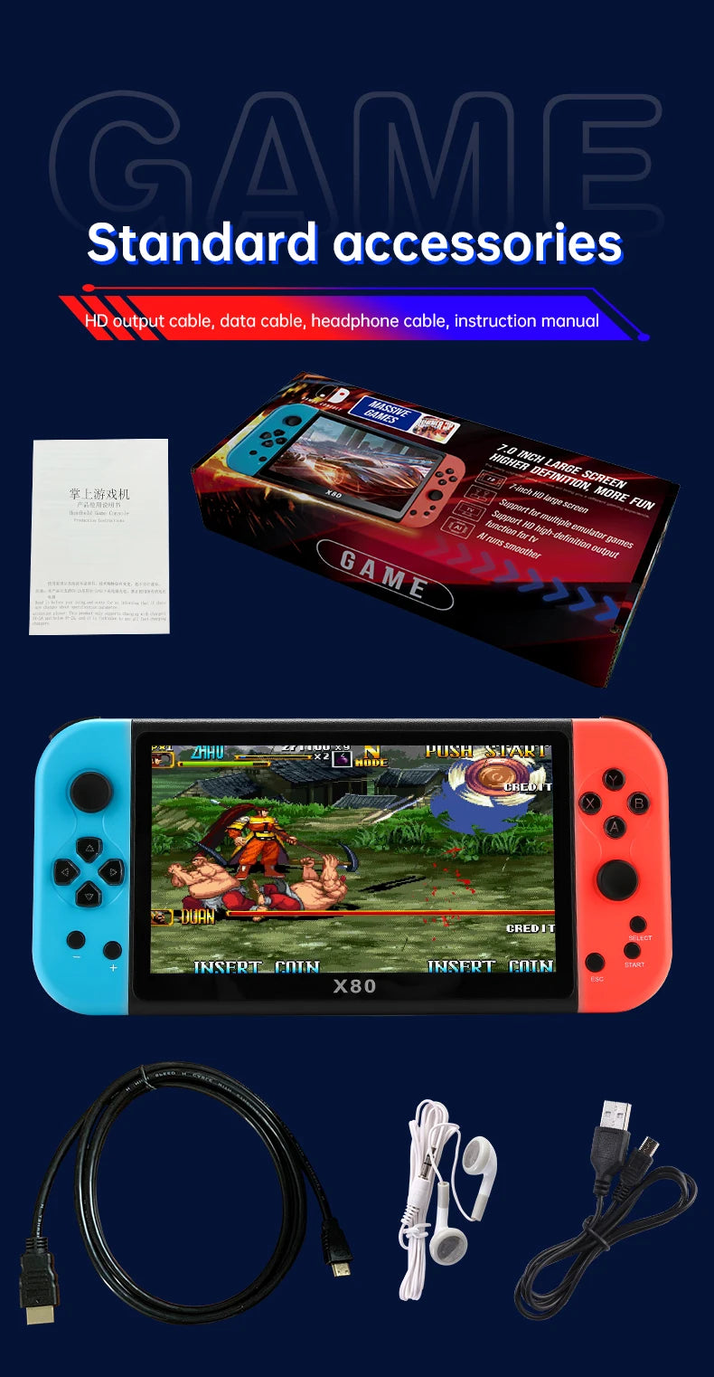 LZAKMR NEW 7.0" Screen Handheld Game Console X80 40000+ Games 128G Memory For PS1 MAME CPS FCGB Compatibility 800x480 Resolution