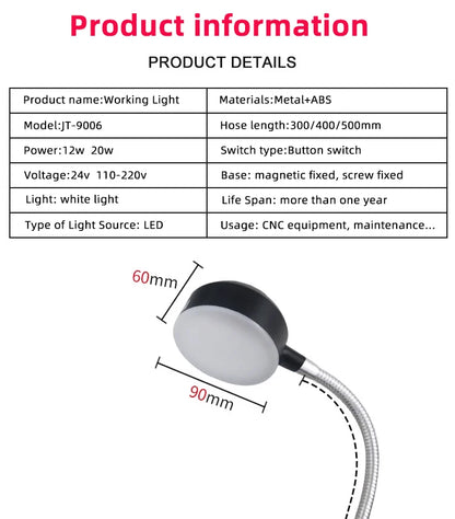 LED CNC Workshop Working Lamp Lathe Industrial light 12/20W 110-220V Flexible gooseneck Magnetic Base Lamp for Workbench