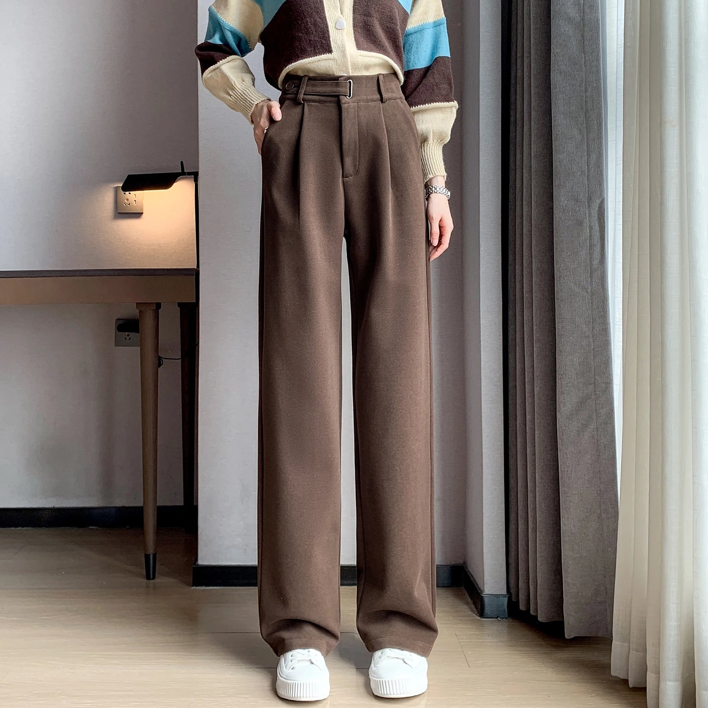 Seoulish Autumn Winter Thicken Woolen Casual Loose Full Length Pants 2023 New Button High Waist Chic Wide Leg Trousers Female