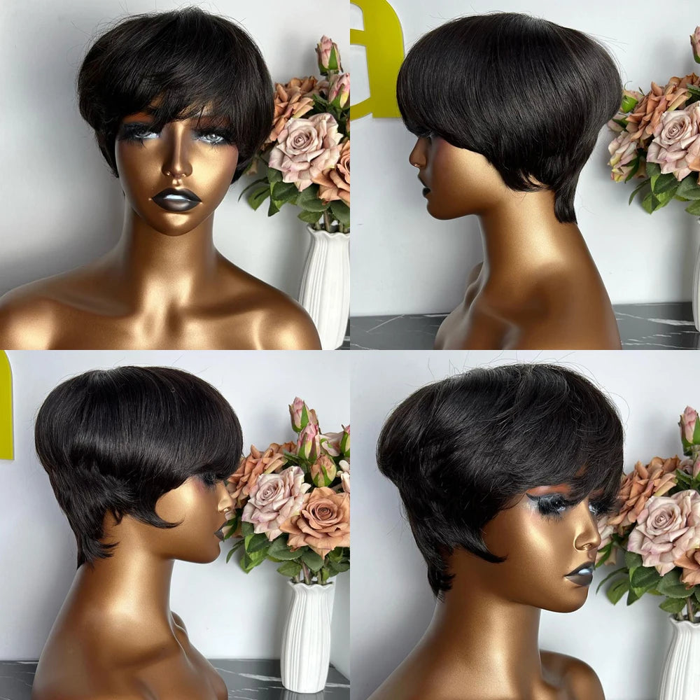 Short Pixie Cut Wig Human Hair For Black Women Machine Made Wigs With Bangs Short Wig Human Hair Wigs