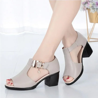 2024 Summer New Fashion Women Sandals Fish Mouth Shoes for Women Chunky Heel Metal Decorative Buckle Casual Sandals Female