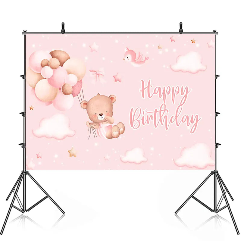 Happy Christening Baptism Birthday Party Backdrop Photography Baby Shower For Pink Bear Background Banner Custom Name Pic