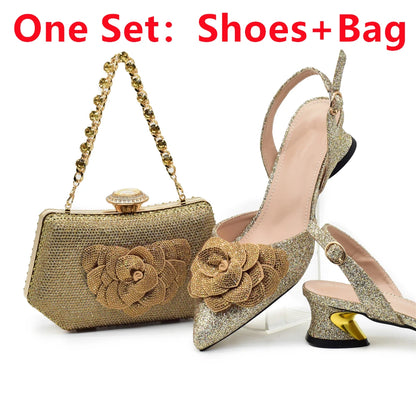 Chic and Elegant Woman Shoes and Bag with Rhinestone Shoe and Bag Set for Party in Women Nigerian Elegant Heeled Shoes for Women