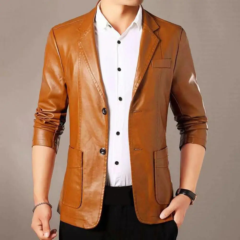 Fashionable Men Jacket with Cuff Buttons Stylish Men's Faux Leather Jacket with Lapel Collar Button Cuffs Pocket for Outdoor