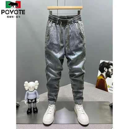 Casual Vintage Men's Fashion Drawstring Jeans with Thickened Fleece and Loose Harem Pants for Autumn and Winter Cargo Trousers