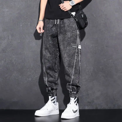 Loose Elastic Waist Denim Jeans for Men 2024 Fashion Casual Spring Workwear Foot-Tied Pants with Brand Workwear Baggy Trousers