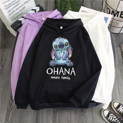 Disney Stitch Hoodies Women Harajuku Pullovers Cute Kawaii Casual Tops O-Neck Angel Print Hooded Sweatshirt Oversized Hoodie