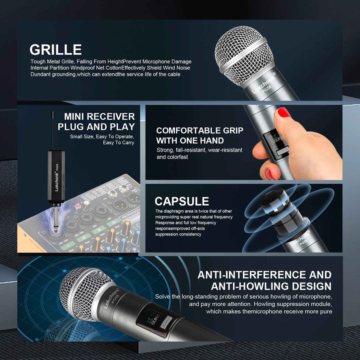 PG58 Professional Wireless Microphone 2 Channels UHF Fixed Frequency Handheld Mic Micphone For Party Karaoke Church Show Meeting