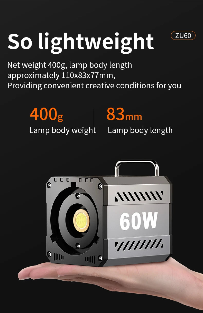 60W COB Video Light CRI≥90 TLCI≥97 Continuous Output Lighting Dual Color Temperature 2700K-6500K Portable Mini Bowens Live Light