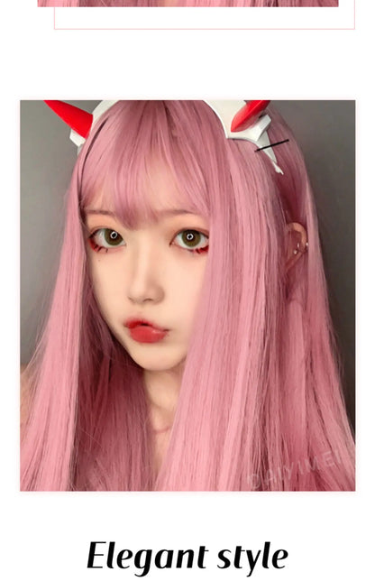 Pink Wig Women's Long Hair Air Bangs Long Straight Hair Lolita Natural round Face Halloween Cos Full-Head Wig Style