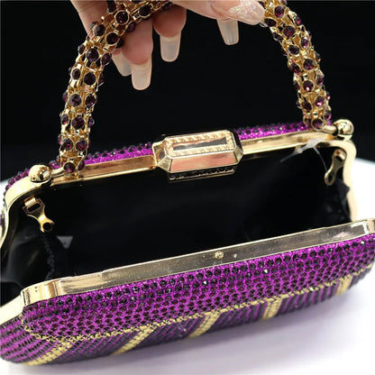 Popular In Nigeria Exquisite Evening Bags With Diamond Design Fashion Handle Clutch Rhinestone Embellished Long Chain Bag