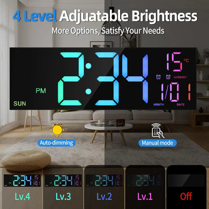 16.2'' Large Digital Wall Clock with Remote Control Big LED/Dual Alarm/8 RGB Colors Digital Alarm Clock Electronic Watch